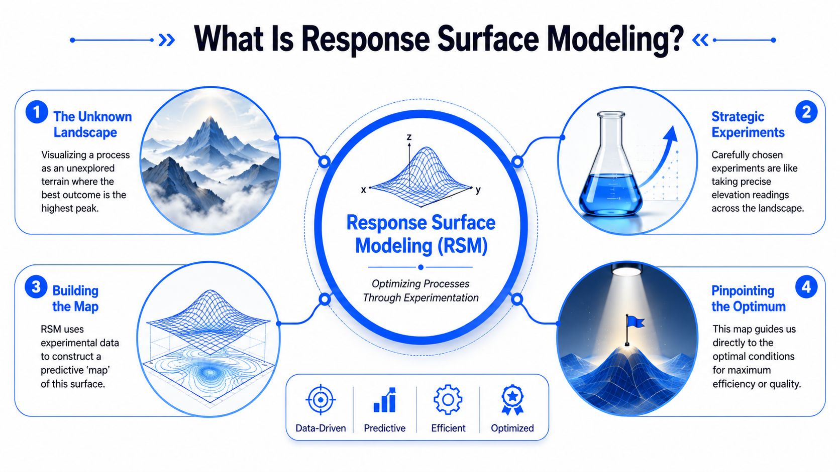An infographic titled What Is Response Surface Modeling showing a four-step process for optimizing experimental outcomes.