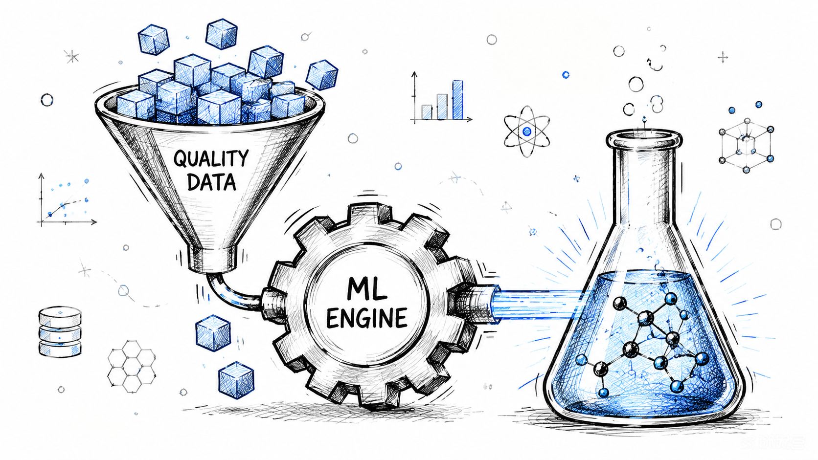 A conceptual diagram showing a funnel of quality data entering an ML engine to produce scientific discovery.