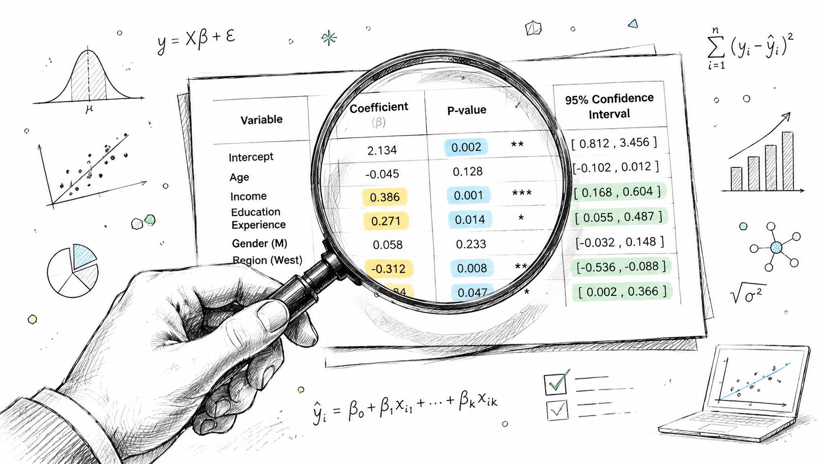 A magnifying glass inspecting a statistical regression table showing coefficients, p-values, and confidence intervals for data variables.