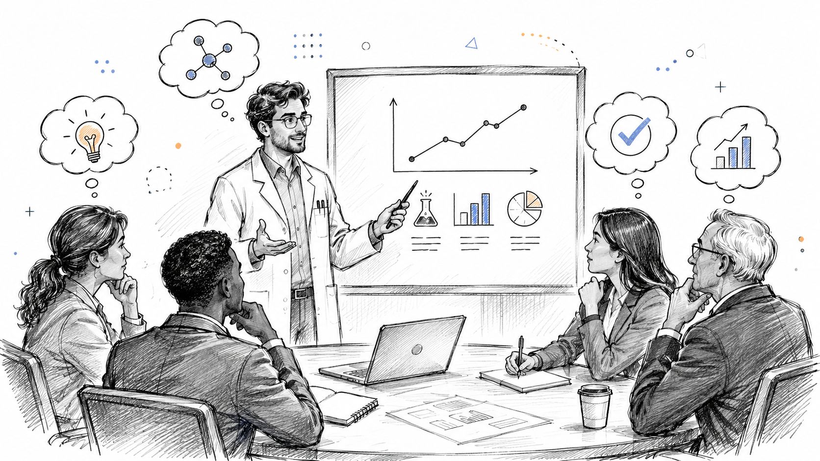 A professional business meeting where a presenter explains data trends to a diverse team of colleagues.