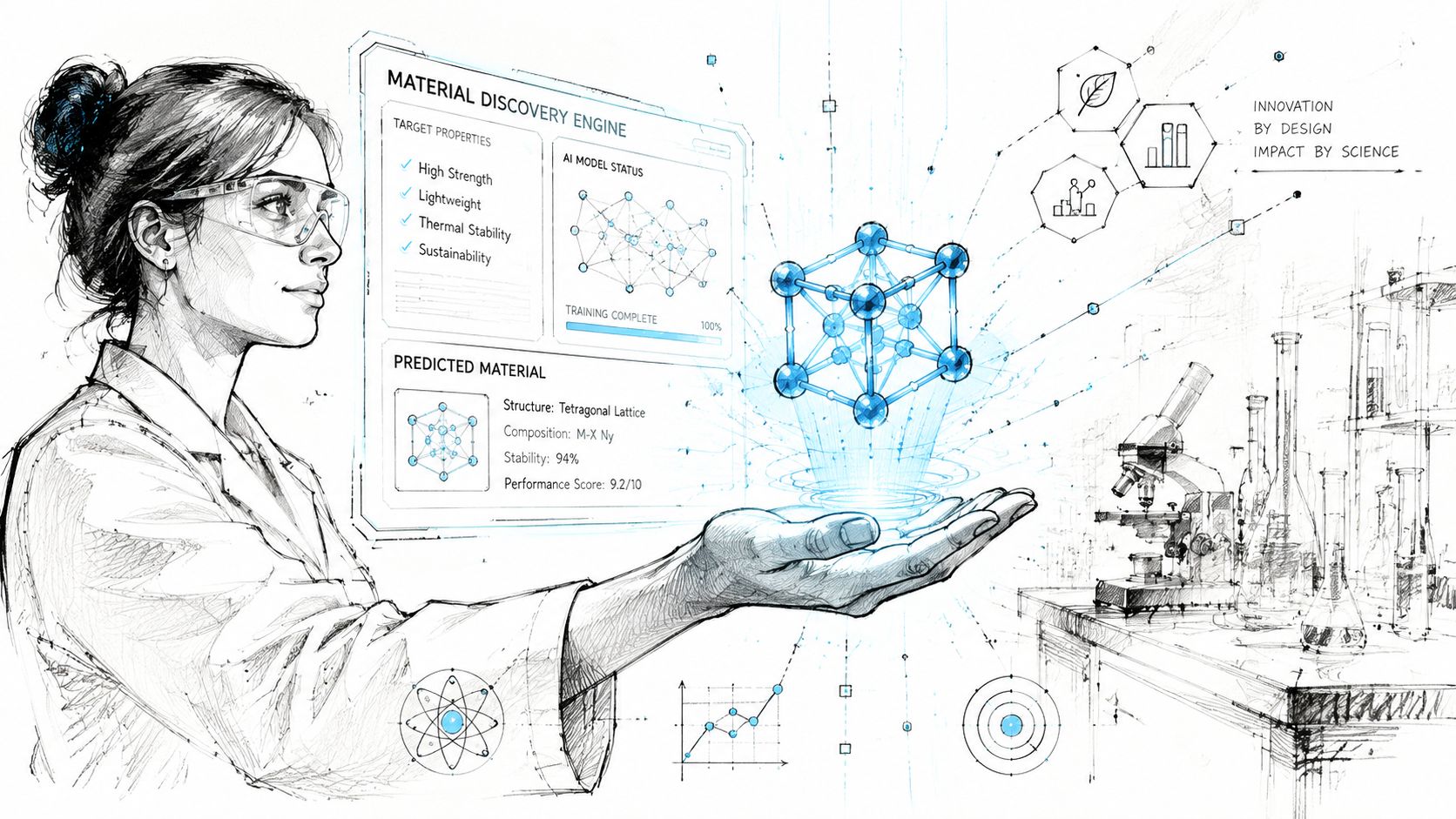 A female scientist examines a holographic molecular structure generated by an AI material discovery software interface.