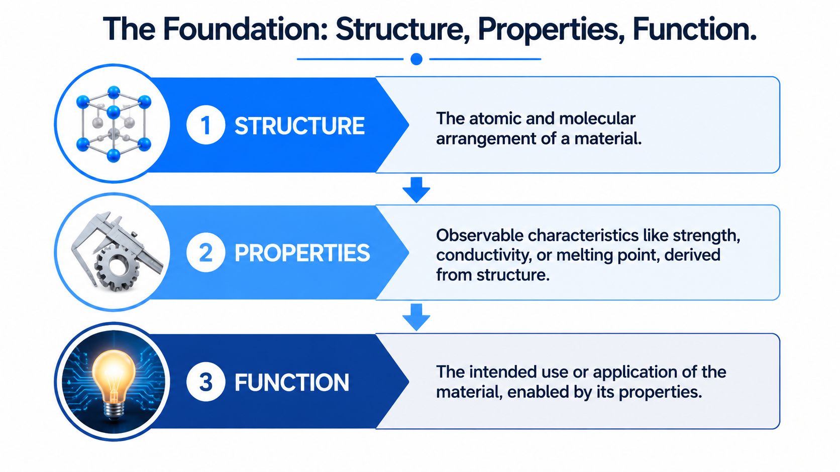 A diagram showing the relationship between material structure, properties, and function with icons and text descriptions.