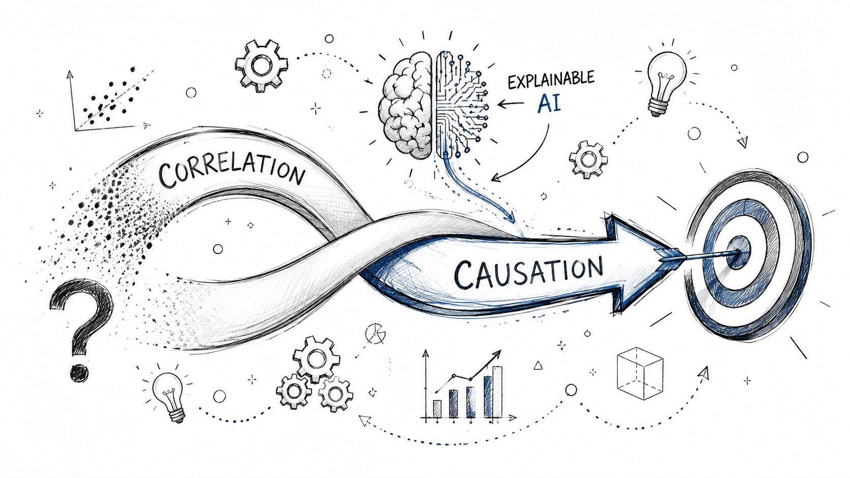 A conceptual illustration showing the transition from correlation to causation through the lens of explainable AI.