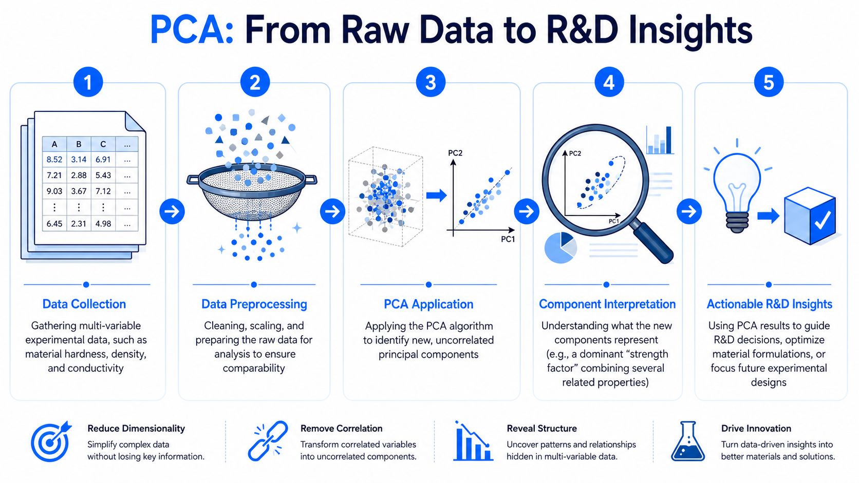 A five-step infographic illustrating the PCA process from raw data collection to actionable research and development insights.