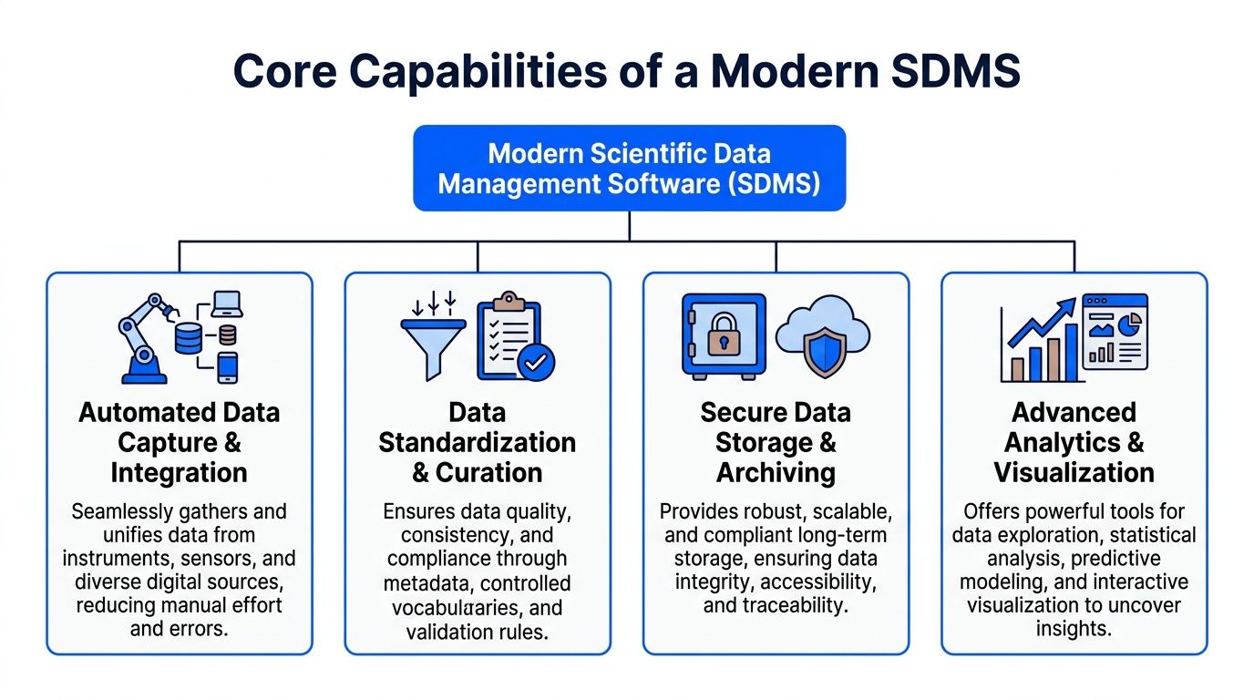 A diagram illustrating the four core capabilities of modern scientific data management software including integration, curation, storage, and analytics.