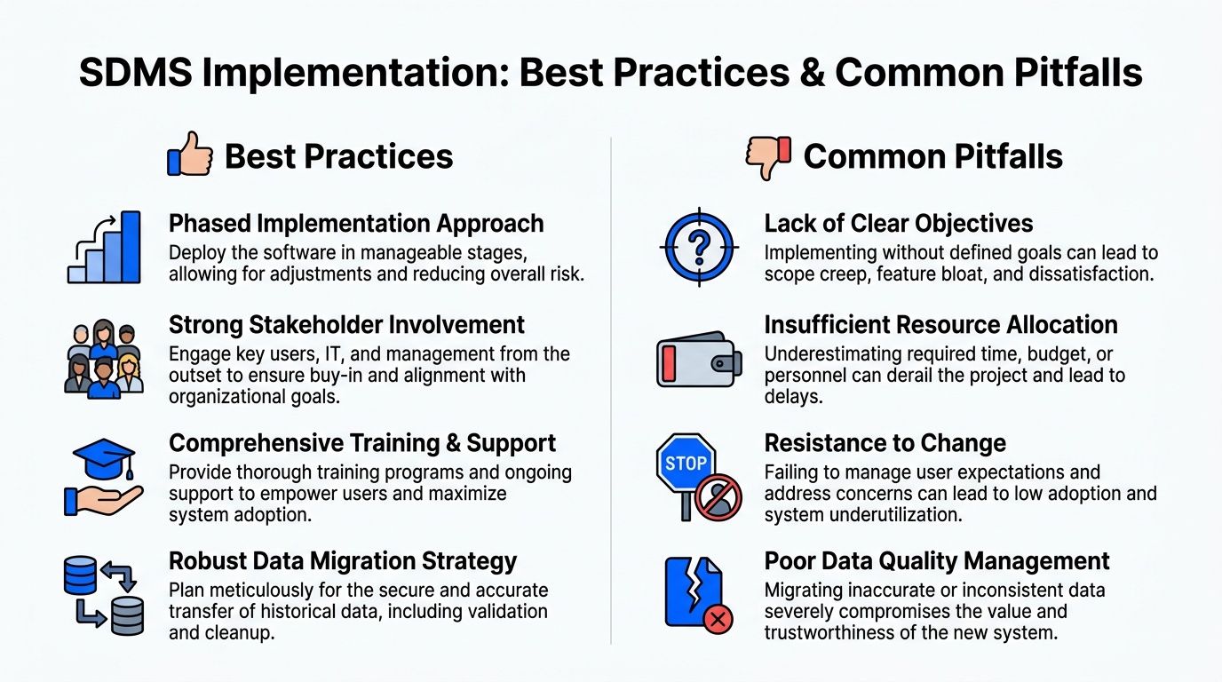 A comparison chart outlining best practices and common pitfalls for scientific data management software implementation projects.