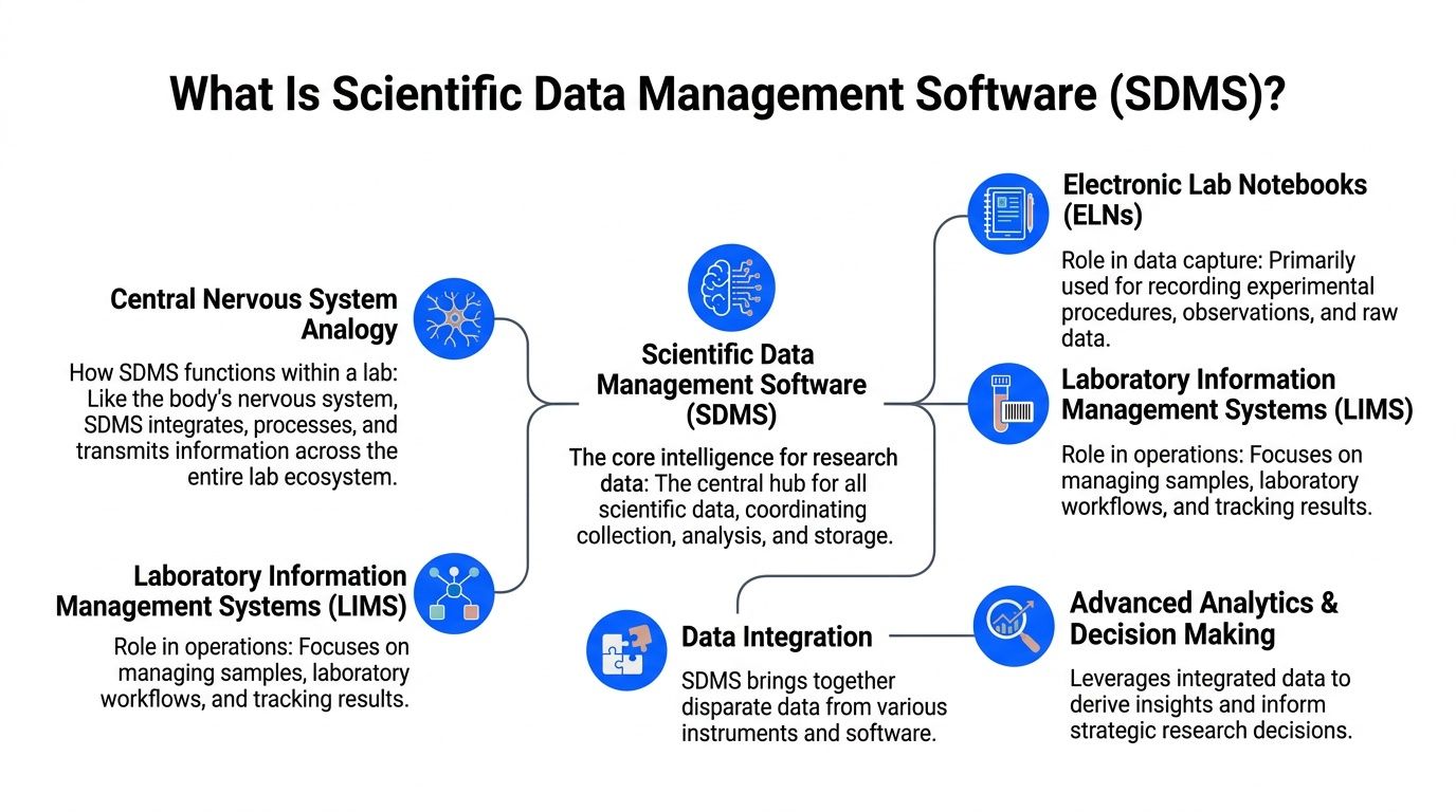 A diagram explaining scientific data management software (SDMS) and its role in laboratory data coordination.