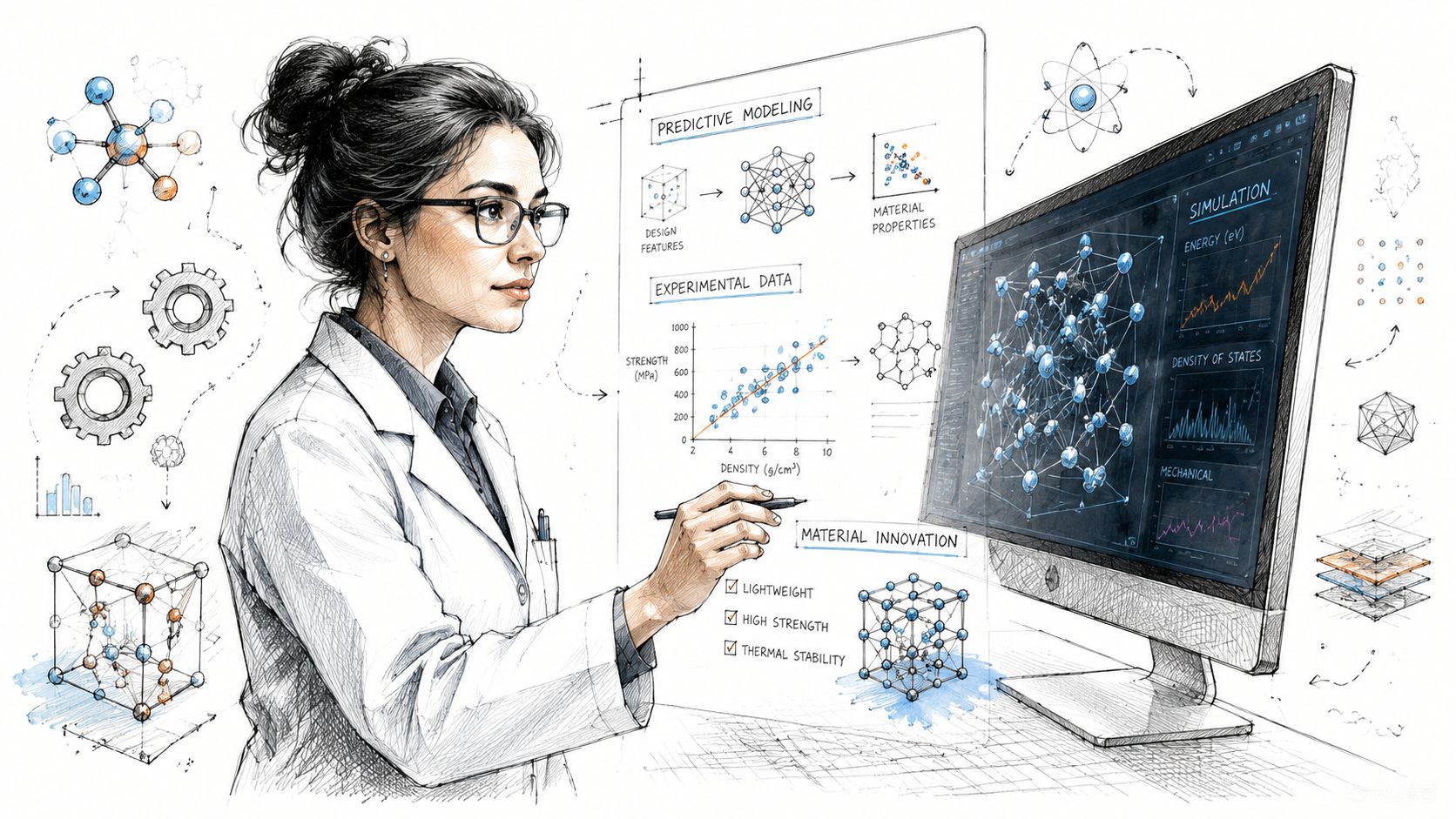 A female scientist in a lab coat using digital software for material research and predictive modeling analysis.