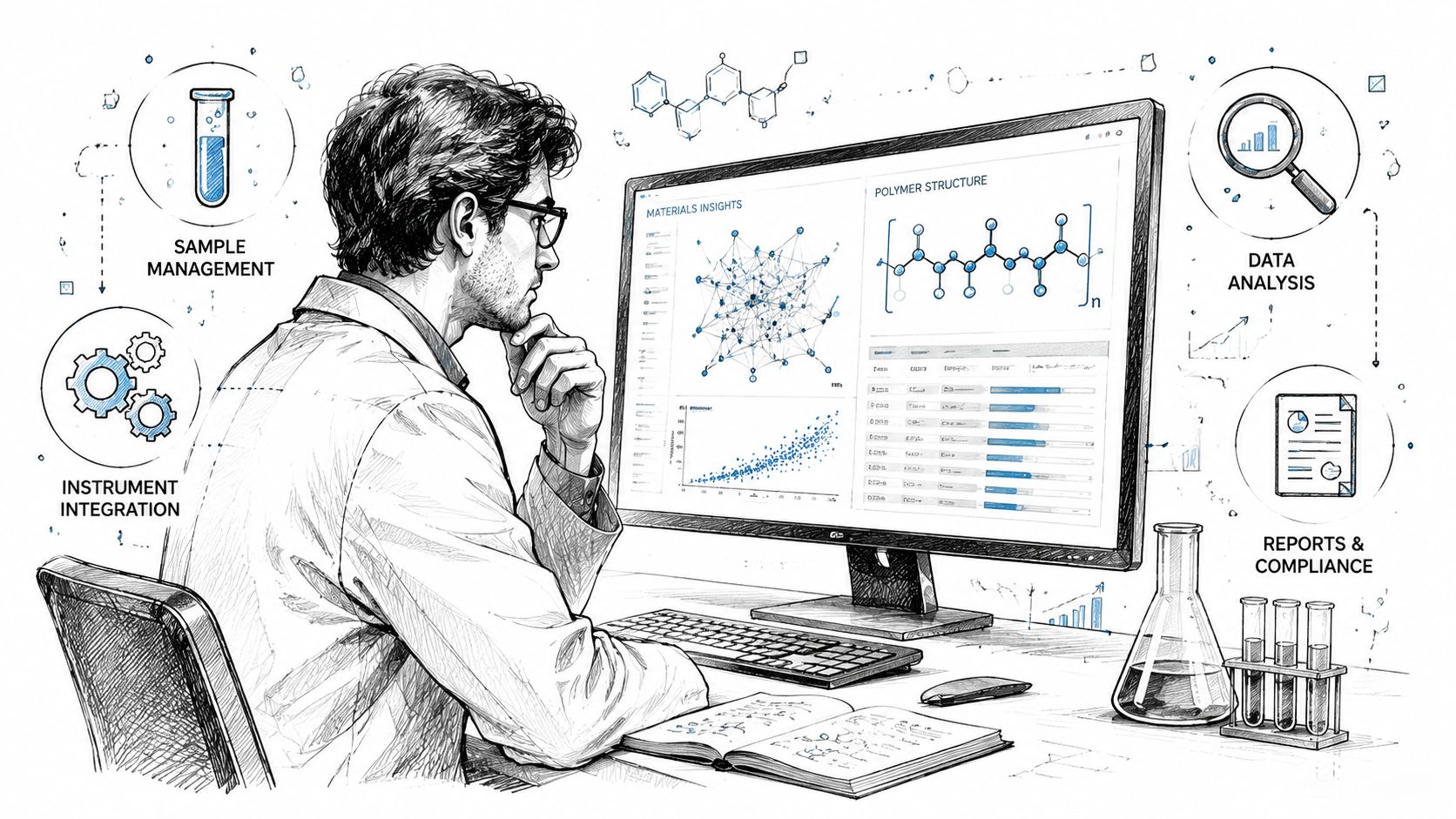 A researcher in a lab coat analyzing chemical molecular data on a computer screen in a laboratory setting.