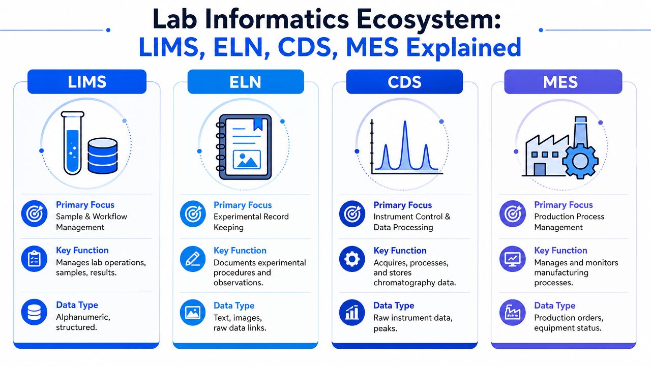 A diagram illustrating the lab informatics ecosystem, comparing LIMS, ELN, CDS, and MES systems.