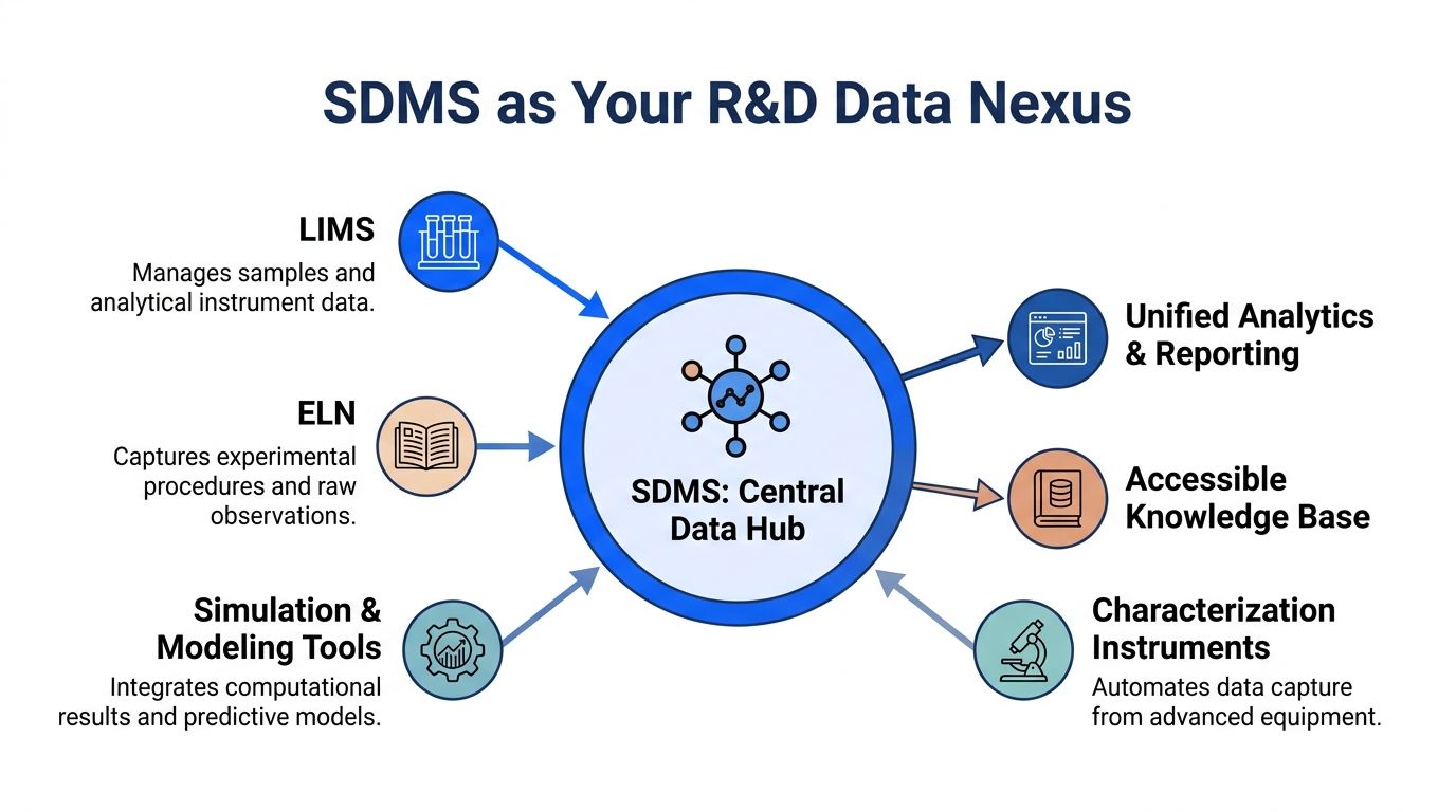 A diagram illustrating SDMS as a central data hub connecting various R&D tools and data sources.