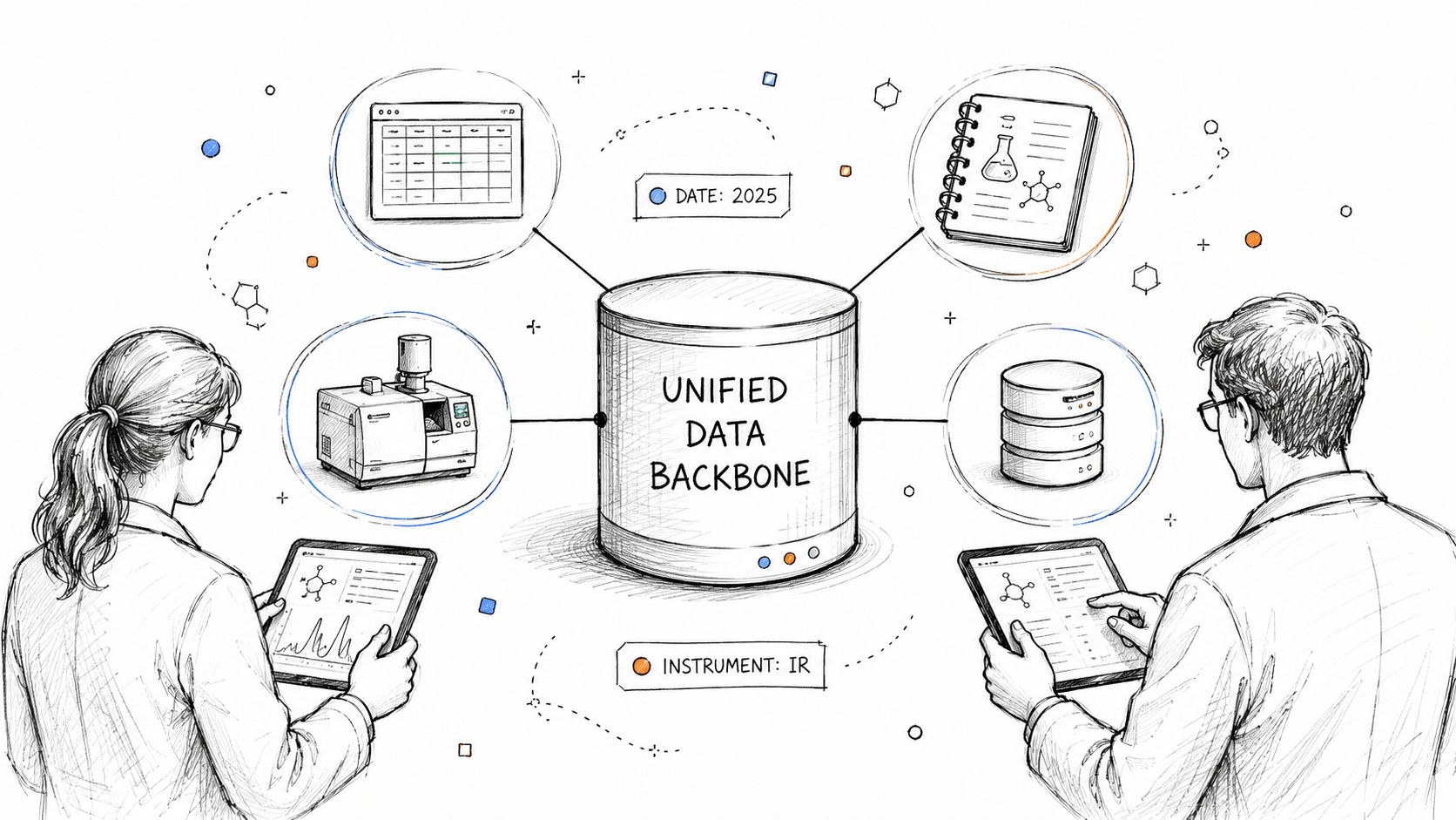 Two scientists working with tablets, connecting diverse laboratory data sources to a central unified data backbone.
