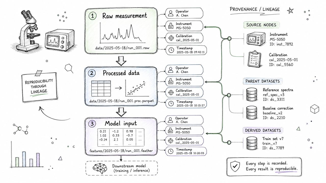 A diagram illustrating data provenance and lineage showing how raw measurements transition to processed datasets and models.
