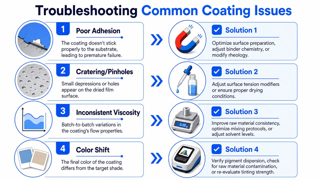 A troubleshooting infographic illustrating four common coating issues and their corresponding technical solutions for industrial applications.
