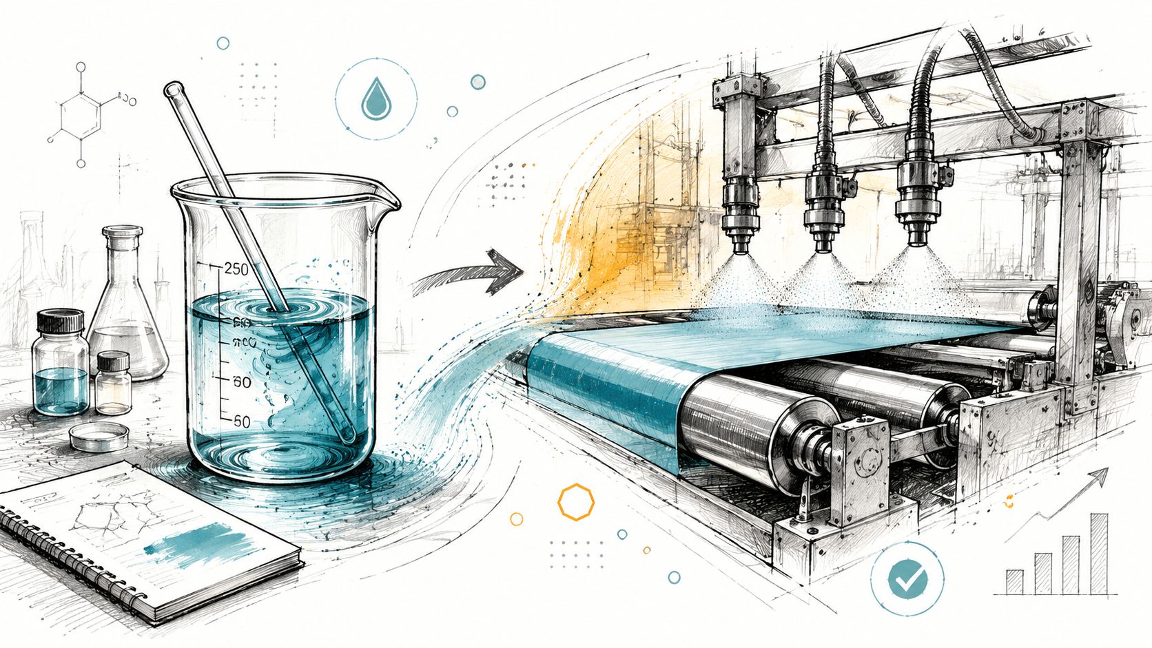 A detailed technical illustration showing the process from chemical liquid mixing to industrial coating application on a conveyor.