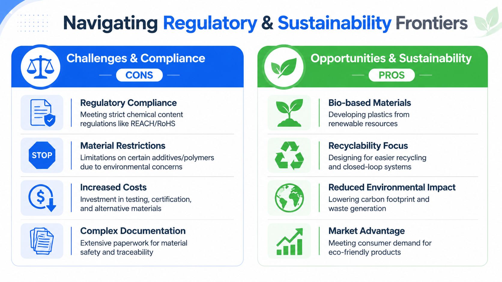 A comparative chart showing challenges and opportunities in plastics formulation, focusing on regulatory compliance and sustainable development.