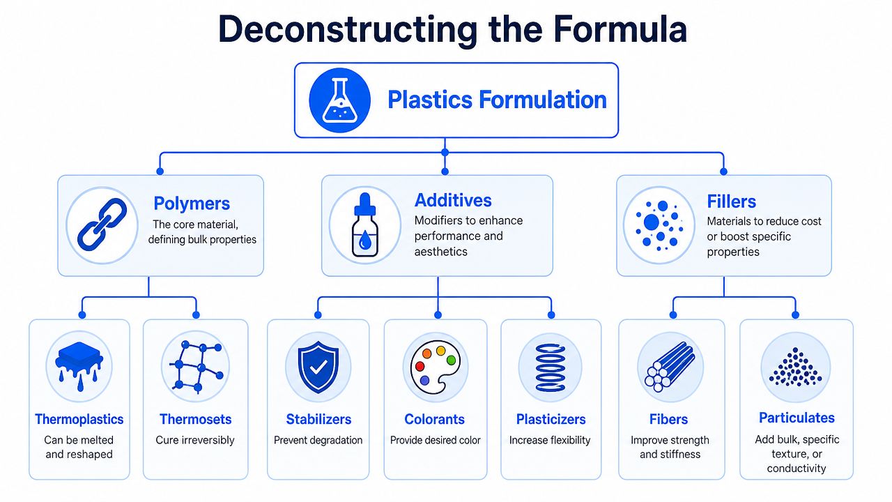 A flowchart diagram explaining the composition of plastics formulation including polymers, additives, and fillers.