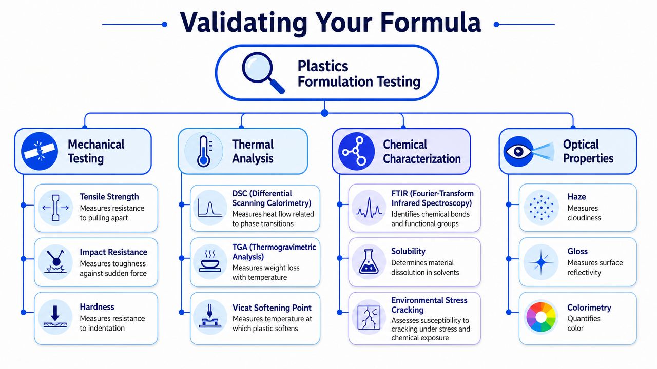 A diagram outlining various methods for plastics formulation testing including mechanical, thermal, chemical, and optical analyses.