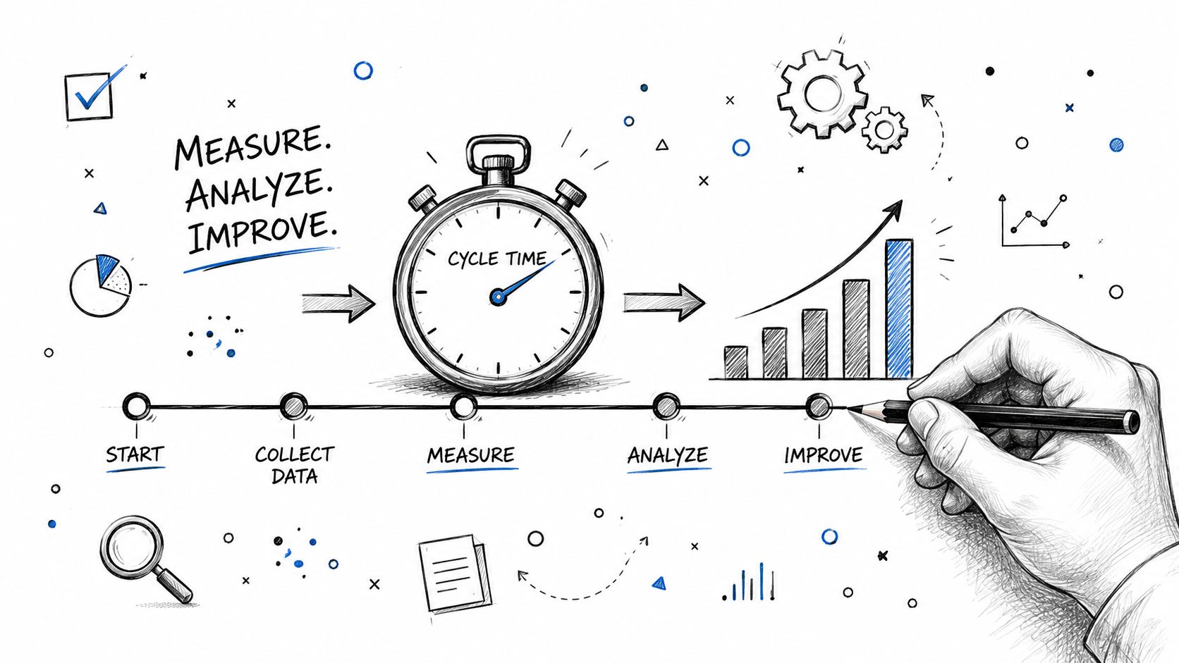 A hand drawing a process timeline showing the steps from start to measure, analyze, and improve cycle time.