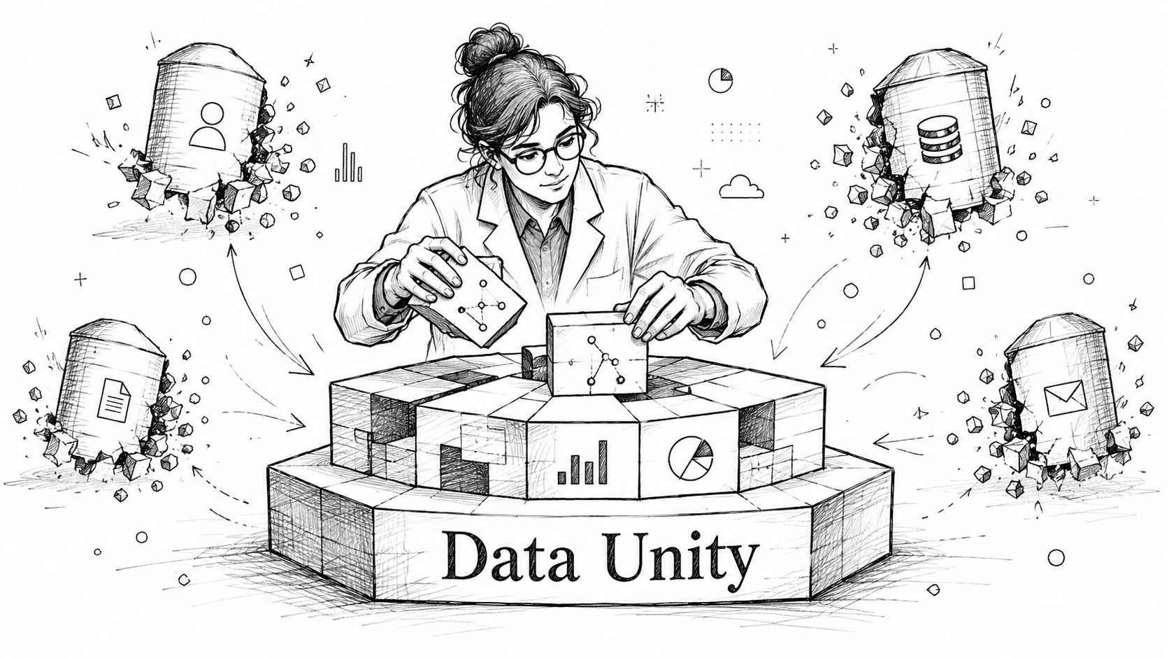 A scientist assembling a data unity puzzle, representing the integration of disparate data sources into one platform.
