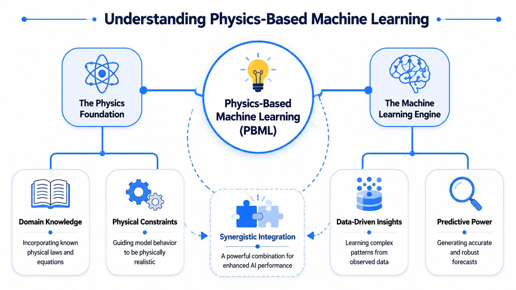 A diagram illustrating the concept of physics-based machine learning, showing the integration of physical foundation and machine learning.