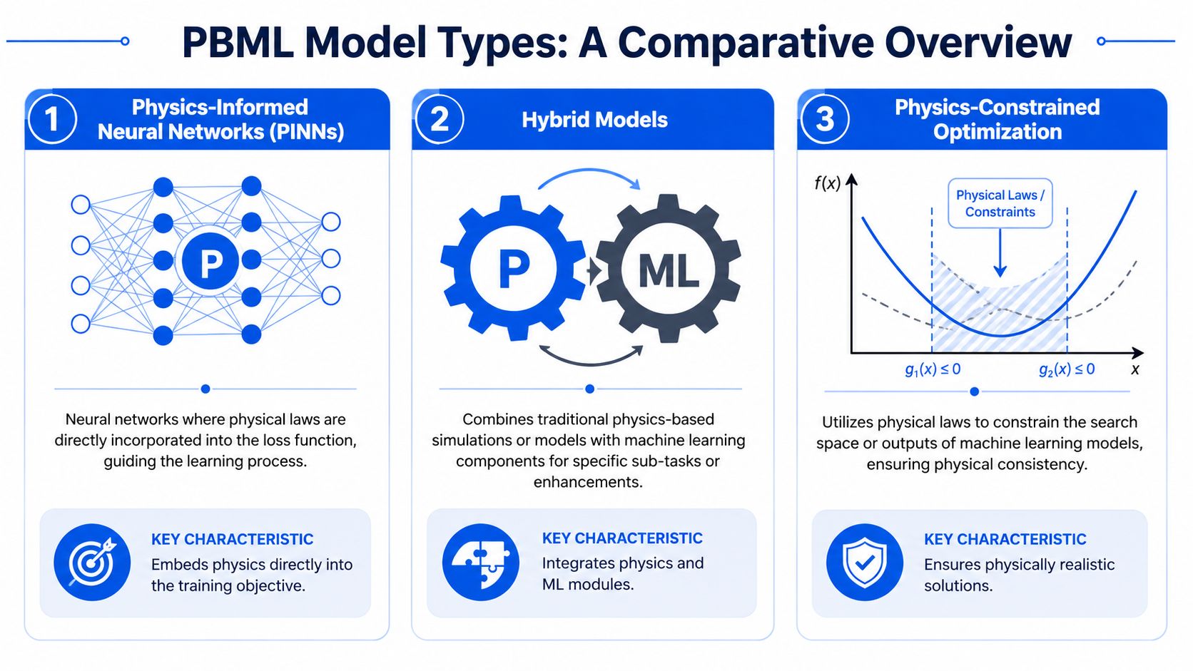 A diagram illustrating three types of physics-based machine learning models: PINNs, Hybrid Models, and Physics-Constrained Optimization.