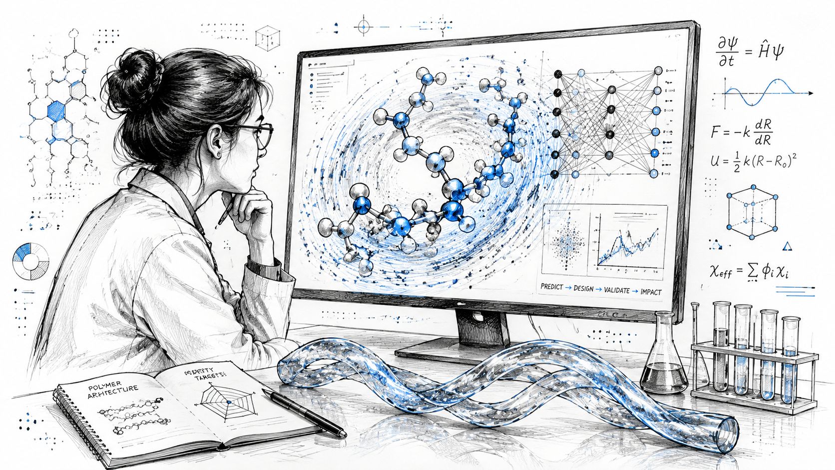 A female scientist in a lab coat examines complex molecular structures on a large computer monitor.