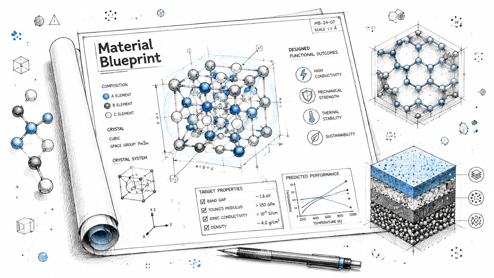 A detailed technical blueprint showing material composition, crystal structure, and performance metrics for engineered functional materials design.