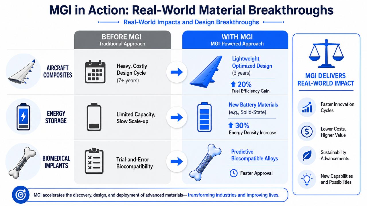 An infographic illustrating how the Materials Genome Initiative accelerates innovation in aerospace, energy storage, and biomedical industries.