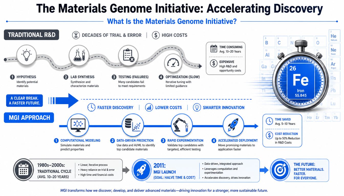 An infographic showing how the Materials Genome Initiative accelerates scientific discovery compared to traditional R&D methods.