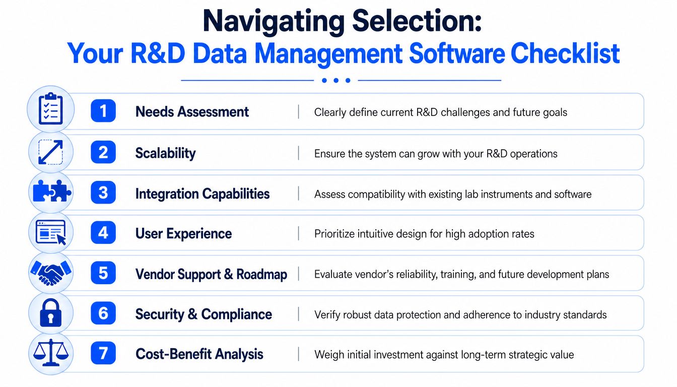 A checklist infographic outlining seven key considerations for selecting R&D data management software for laboratories.