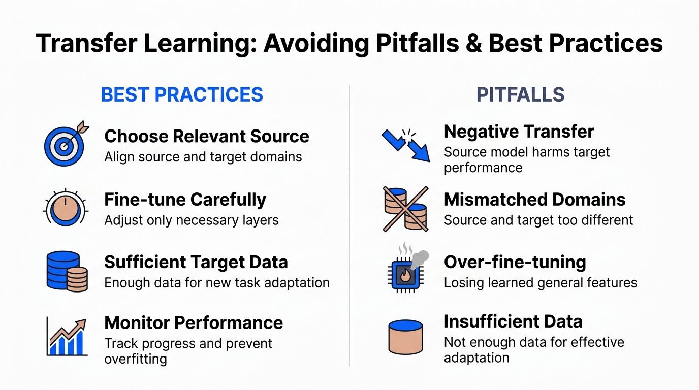 An infographic titled Transfer Learning: Avoiding Pitfalls & Best Practices, detailing key strategies and common mistakes.
