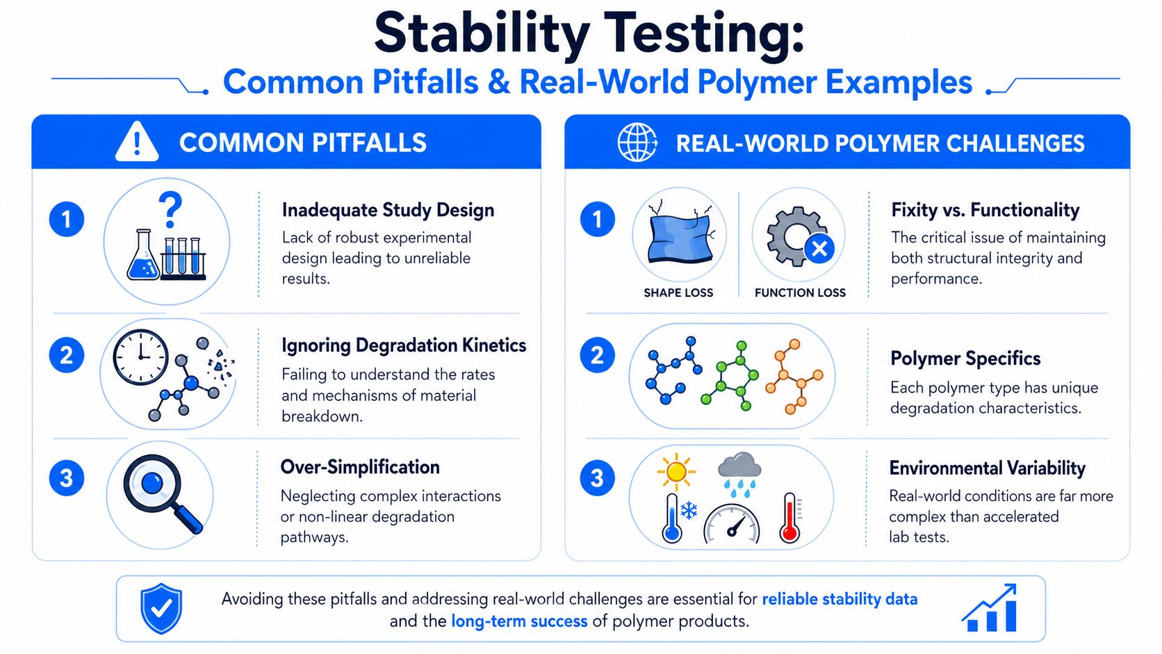 An infographic titled Stability Testing outlining three common testing pitfalls and three real-world polymer degradation challenges.
