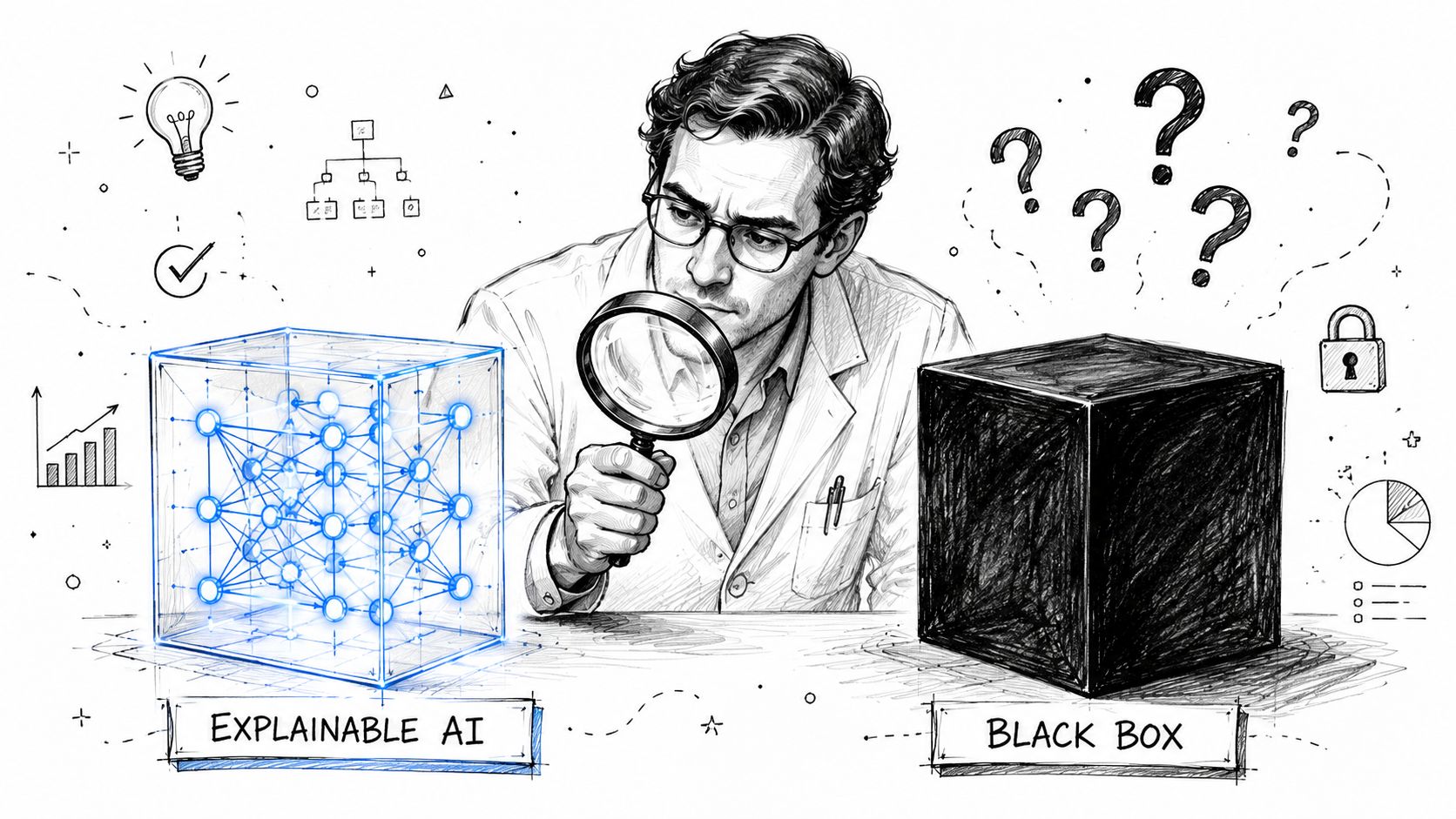 A scientist examines a transparent Explainable AI model cube while a mysterious Black Box remains opaque and puzzling.
