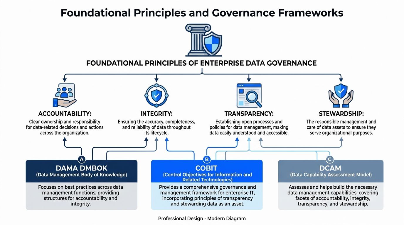 A diagram illustrating the four foundational principles of enterprise data governance and supporting industry frameworks like DAMA, COBIT, and DCAM.