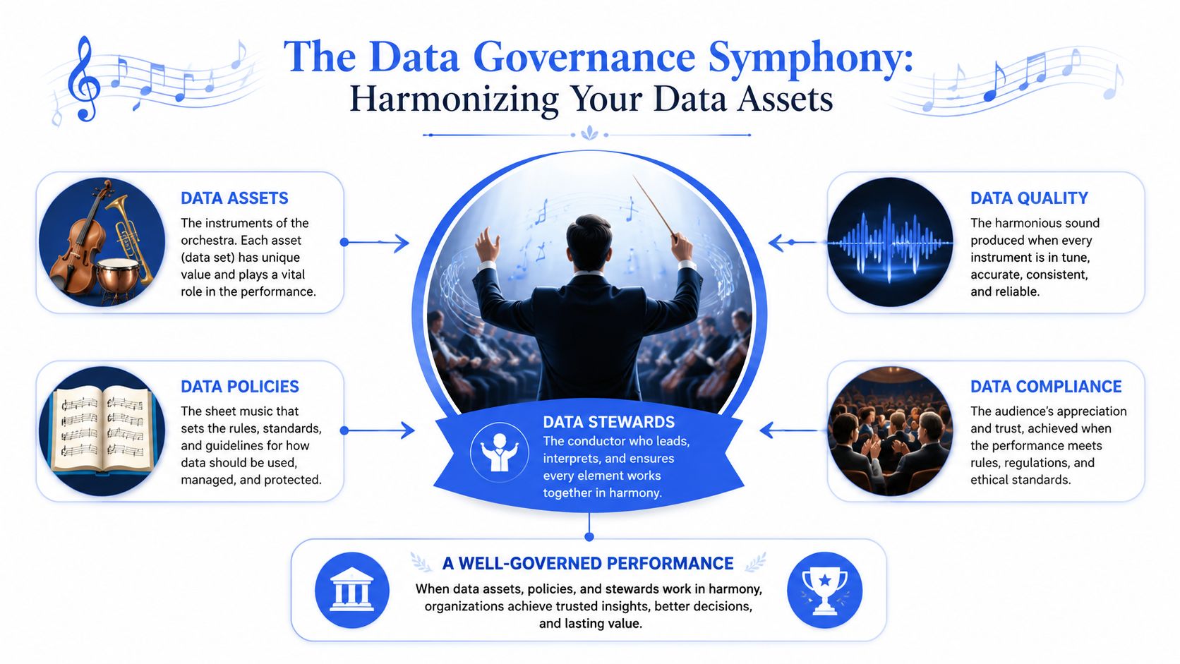 An infographic titled The Data Governance Symphony illustrating data management concepts using an orchestra metaphor.