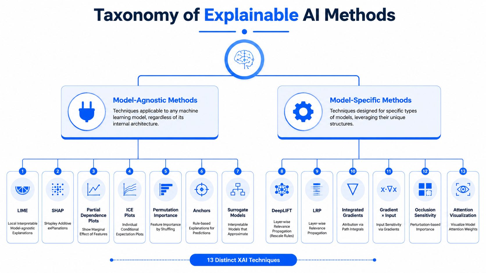 A comprehensive taxonomy chart illustrating the classification of explainable AI methods into model-agnostic and model-specific categories.