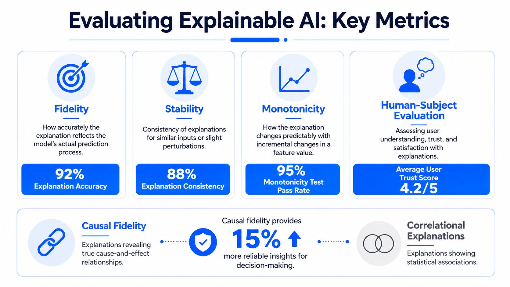 A professional infographic illustrating key metrics for evaluating Explainable AI, including fidelity, stability, monotonicity, and human-subject evaluation.