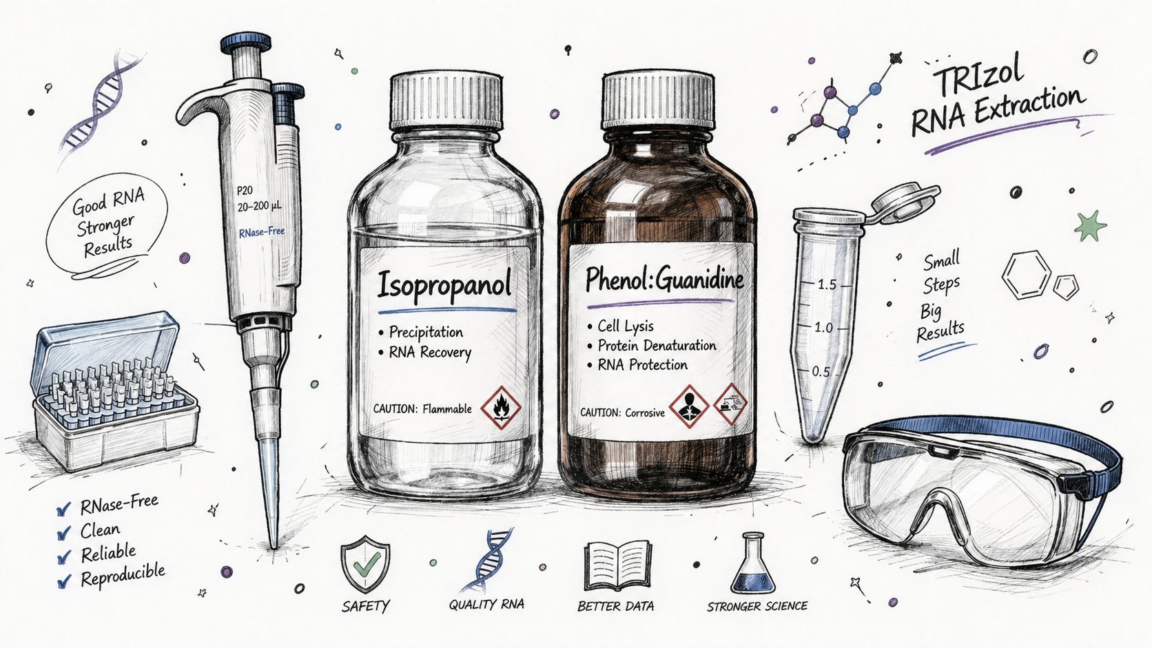 A hand-drawn illustration showing lab equipment for Trizol RNA extraction including pipettes, reagents, and safety goggles.