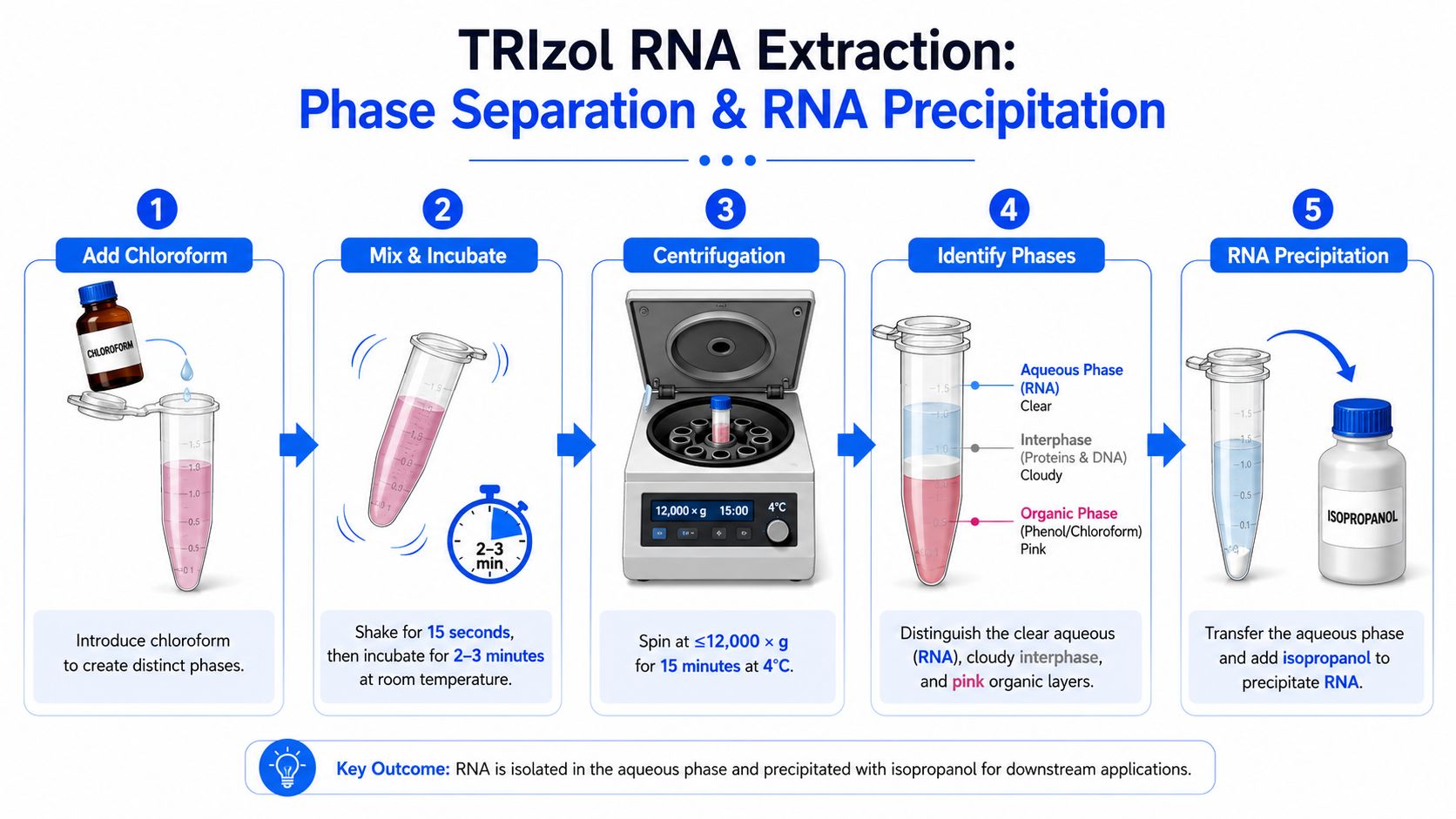 A diagram illustrating the five-step TRIzol RNA extraction protocol, highlighting phase separation and subsequent RNA precipitation steps.