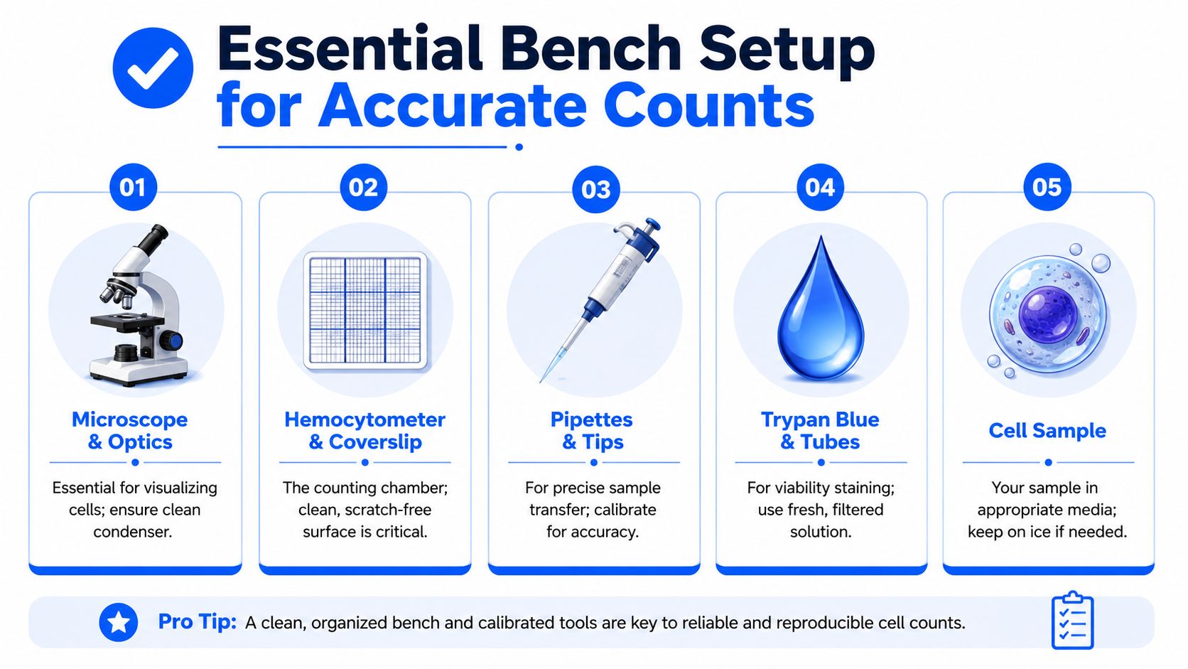 An infographic showing the five essential laboratory tools required for accurate cell counting using a hemocytometer.