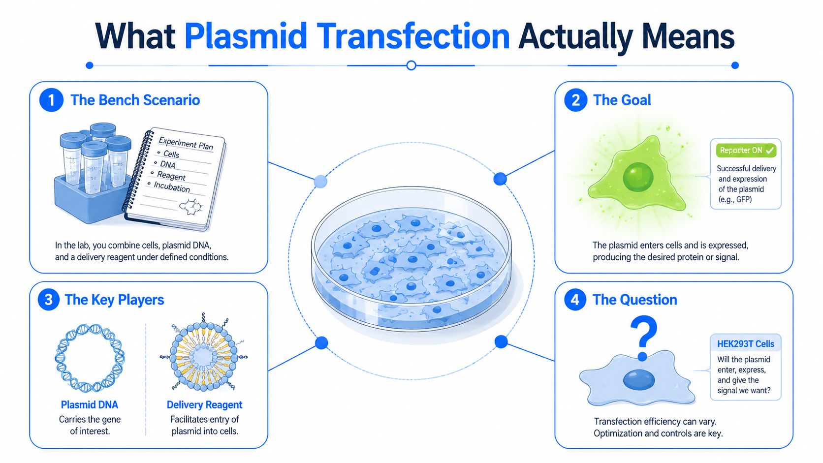An infographic explaining the scientific process of plasmid transfection, illustrating the components, goal, and experimental considerations.