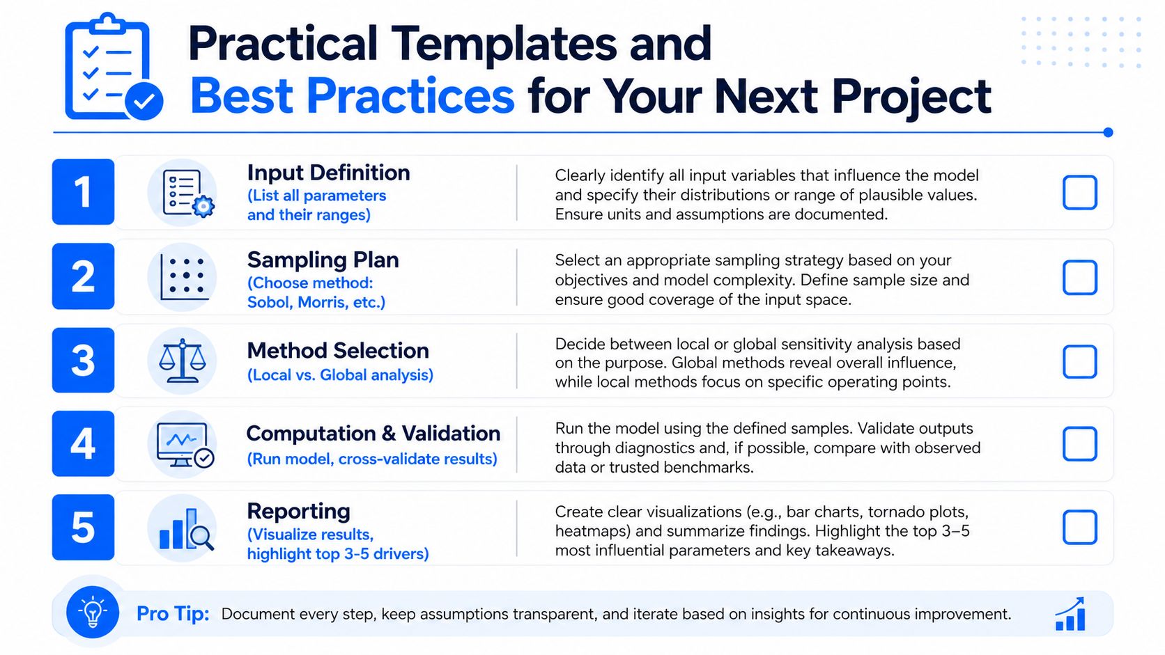 A five-step guide for performing parameter sensitivity analysis, illustrated with icons and best practices for each phase.
