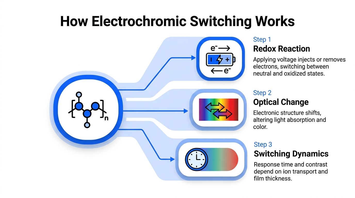 A diagram illustrating the three steps of electrochromic switching: redox reaction, optical change, and switching dynamics.