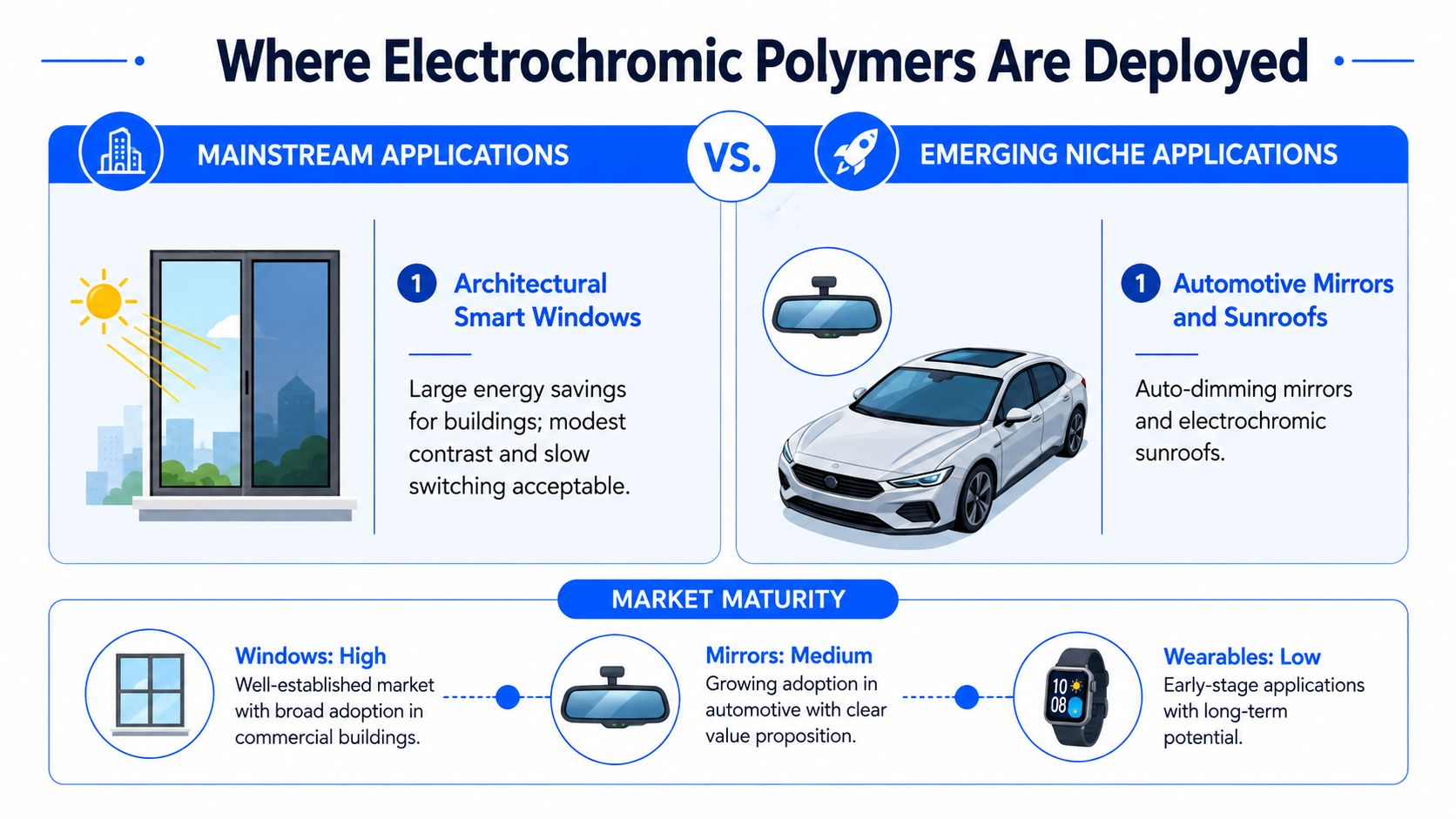 An infographic comparing mainstream versus emerging niche market applications for electrochromic polymers in windows, mirrors, and wearables.