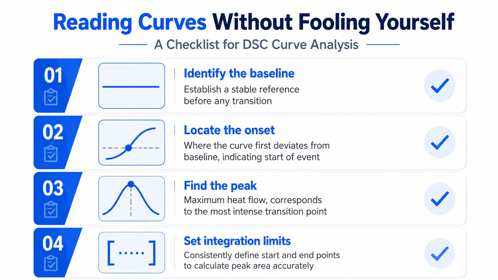 A four-step infographic checklist for analyzing Differential Scanning Calorimetry (DSC) curves to ensure accurate thermal testing.