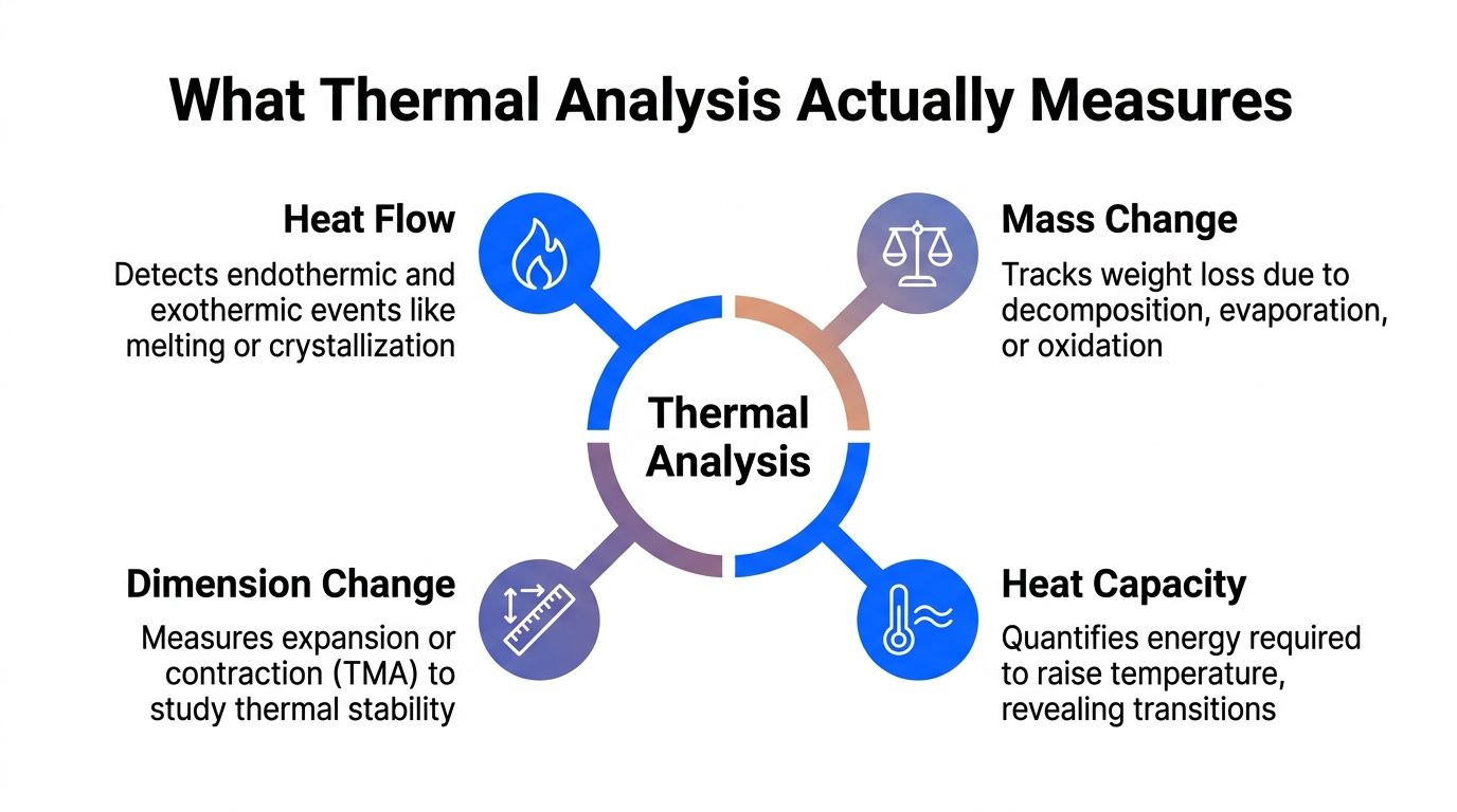 A diagram illustrating the four key physical properties measured by thermal analysis in materials science.