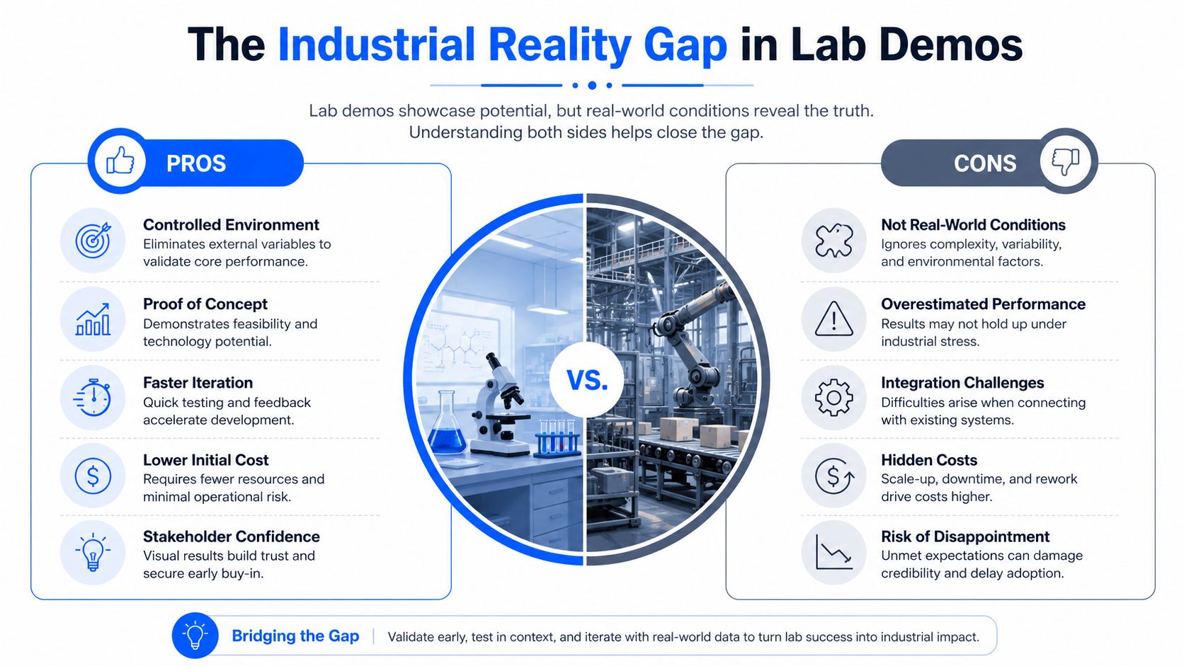 A diagram contrasting the pros and cons of industrial lab demos versus real-world factory production conditions.