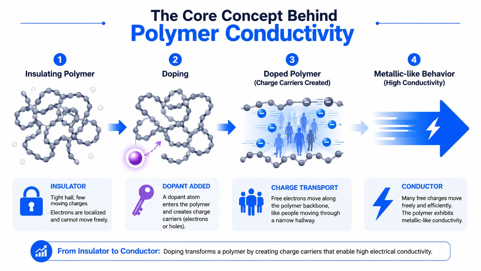 A diagram explaining the process of converting an insulating polymer into a conductive material through doping.