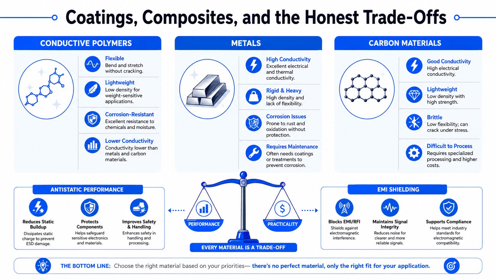 An infographic comparing conductive polymers, metals, and carbon materials with trade-offs regarding performance and practical industrial applications.